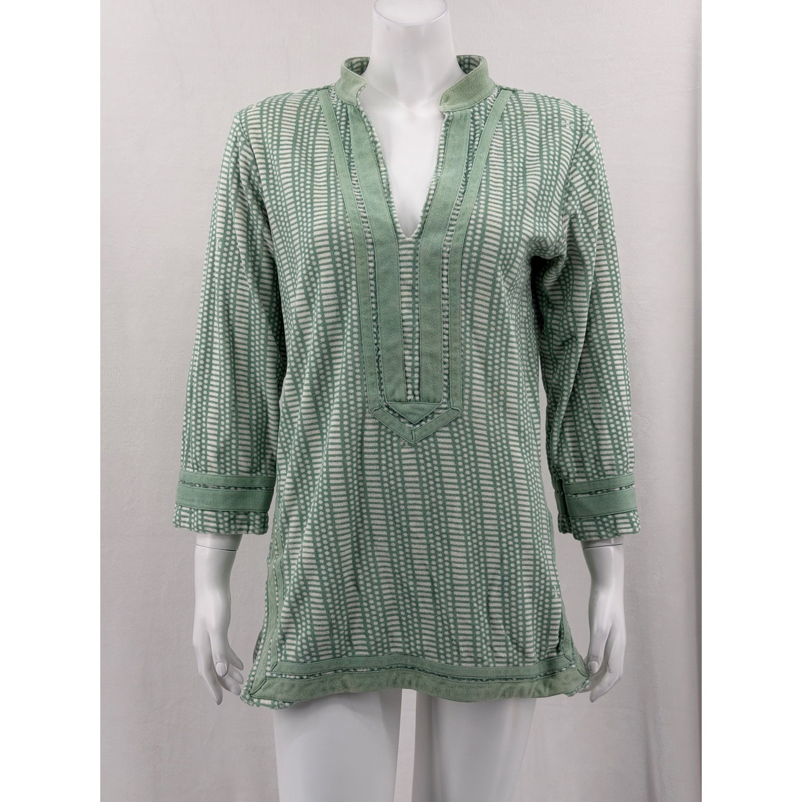 Tory Burch Top Womens Small Green Striped Tunic French Terry V-Neck Swim Beach